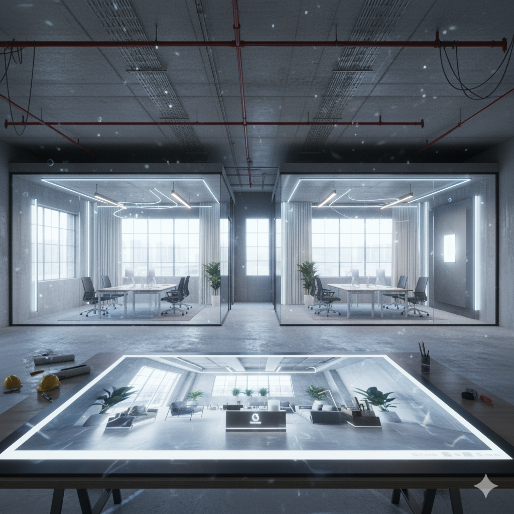 biuro w stanie surowym - deweloperskim przed zaaranżowaniem, a na pierwszym planie stół na który projekt architektoniczny z wizualizacją całego biura.