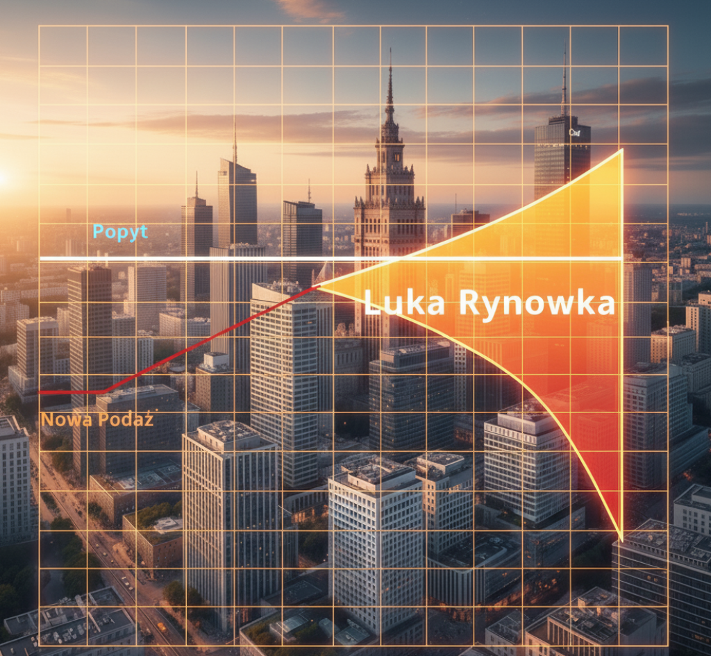 Obraz koncepcyjny przedstawiający panoramę nowoczesnego centrum Warszawy (np. widok na wieżowce w rejonie Woli). Na obraz nałożony jest półprzezroczysty wykres liniowy: jedna linia (Popyt) utrzymuje się na stałym, wysokim poziomie, podczas gdy druga linia (Nowa Podaż) gwałtownie spada, tworząc między nimi wyraźną, rosnącą "lukę".