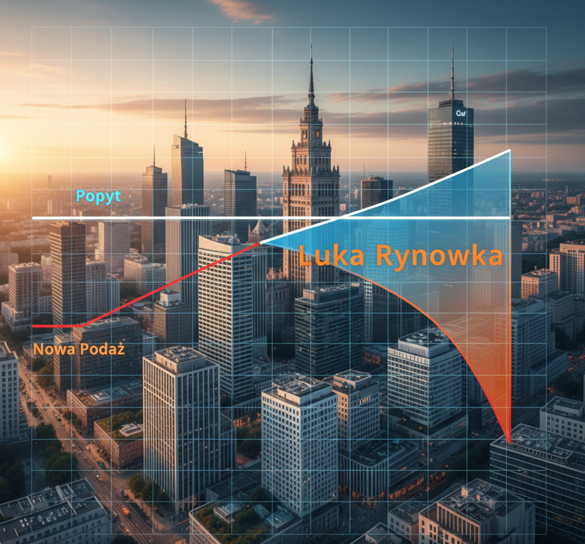 Obraz koncepcyjny przedstawiający panoramę nowoczesnego centrum Warszawy (np. widok na wieżowce w rejonie Woli). Na obraz nałożony jest półprzezroczysty wykres liniowy: jedna linia (Popyt) utrzymuje się na stałym, wysokim poziomie, podczas gdy druga linia (Nowa Podaż) gwałtownie spada, tworząc między nimi wyraźną, rosnącą "lukę".