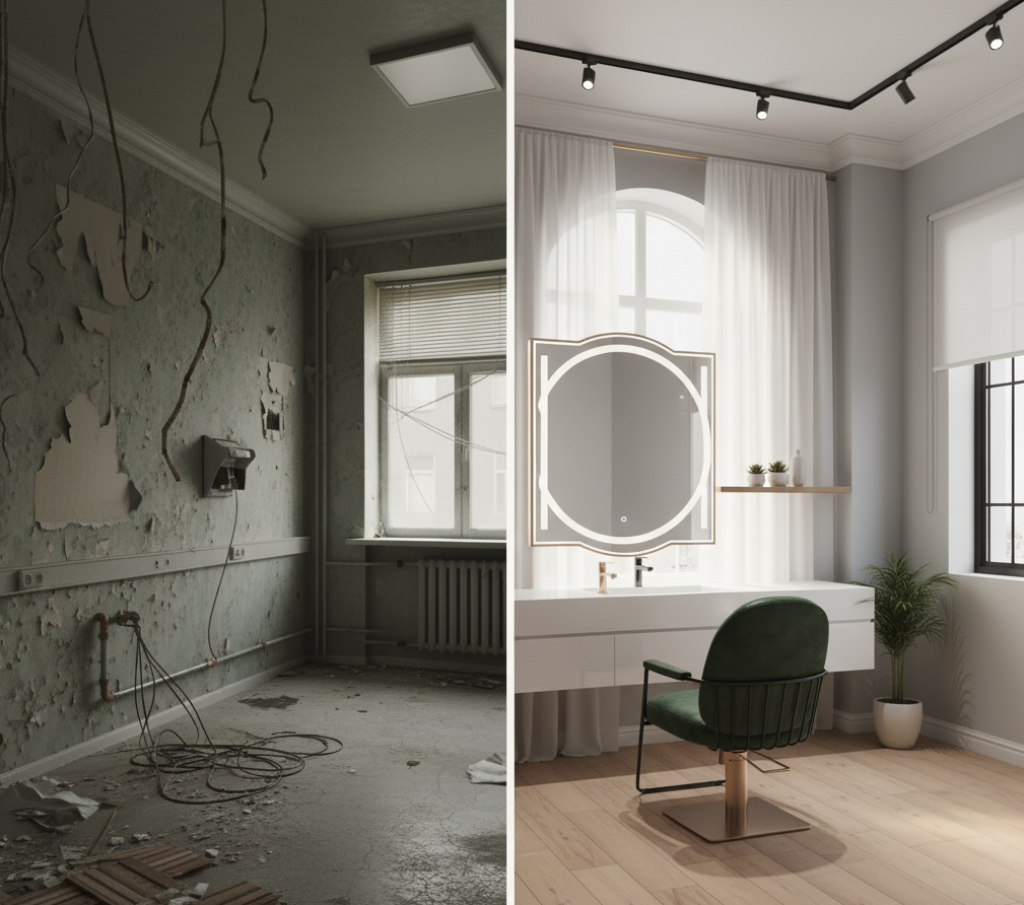 Obraz podzielony na dwie części (lub z efektem "przed i po"). Z lewej strony: nieco zaniedbany, pusty pokój (może z widocznymi elementami dawnego gabinetu, np. śladami po sprzęcie, złą hydrauliką). Z prawej strony: ten sam pokój, ale już jako nowoczesny, elegancki gabinet kosmetyczny lub fryzjerski, z designerskim fotelem, lustrem i widocznymi estetycznymi punktami wody. Subtelny element w postaci symbolu rosnącej strzałki lub dwóch monet.